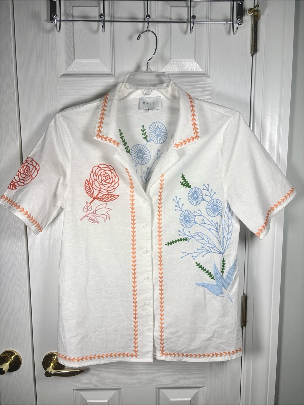 MABLE Linen Button Down Embroidered Floral Size Small